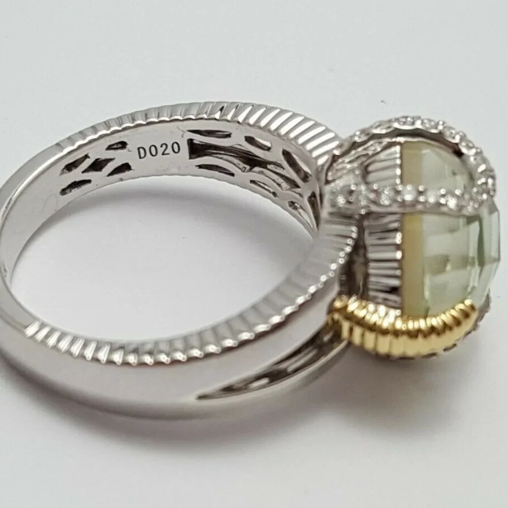 RB Signed Sterling Silver 925 18K Yellow Gold Two Tone Ring w/Diamonds & Crystal